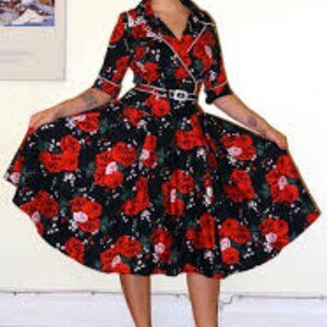 Pinup Couture Deadly Dames Haunted Housewife Floral Goth Rose 50s Swing Dress
